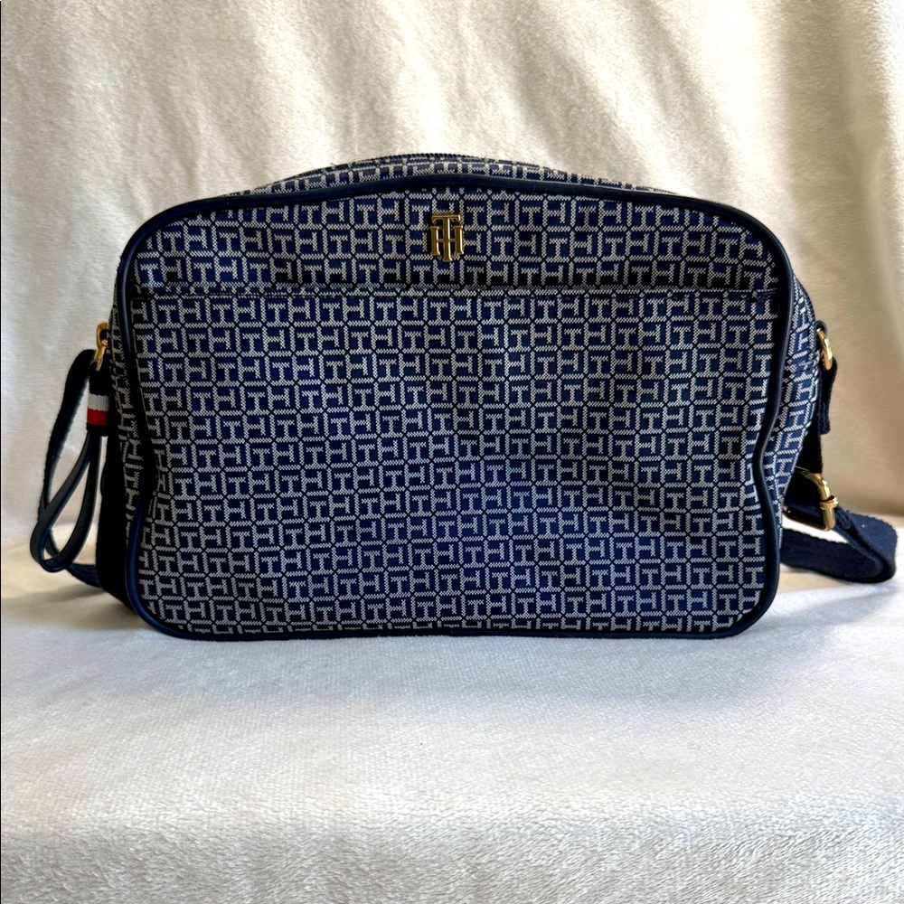 Tommy Hilfiger Navy and White Patterned Shoulder Bag